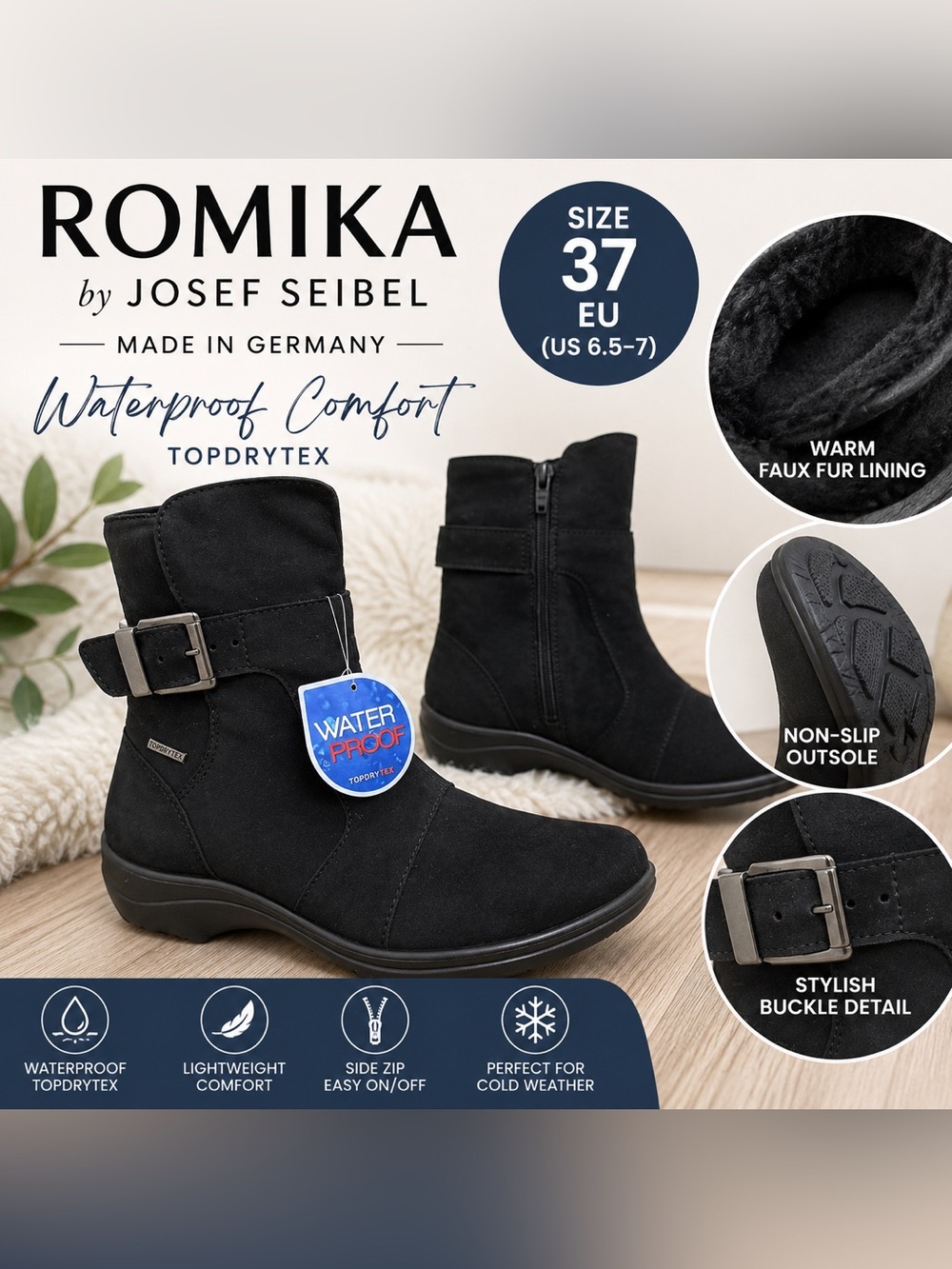 NWT Romika by Josef Seibel TopDryTex Waterproof Faux Fur Ankle Boots Black EU 37